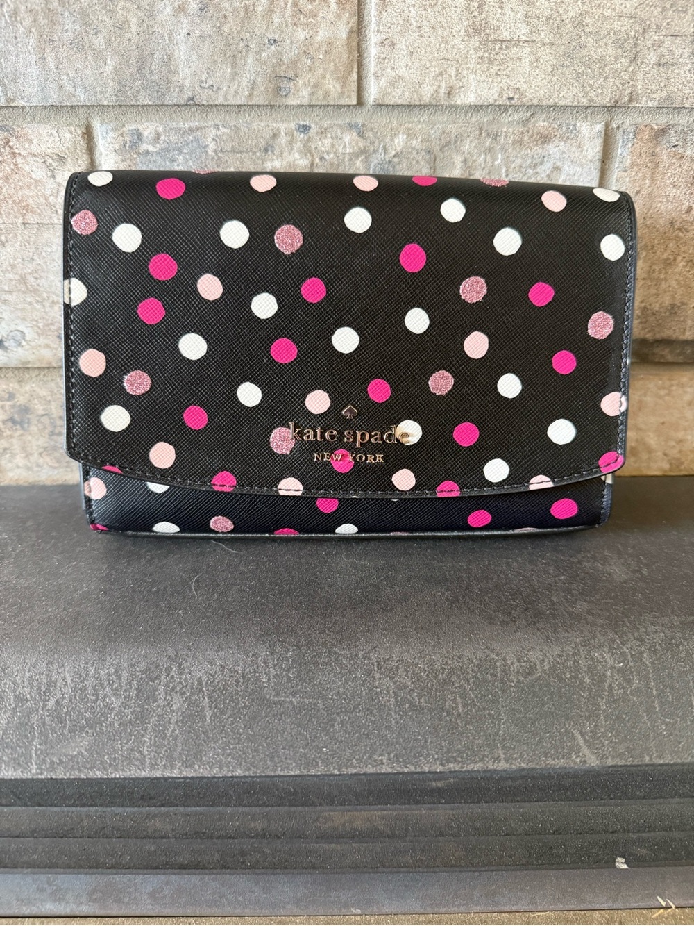 kate spade black polka dot flap wallet with pink and white dots